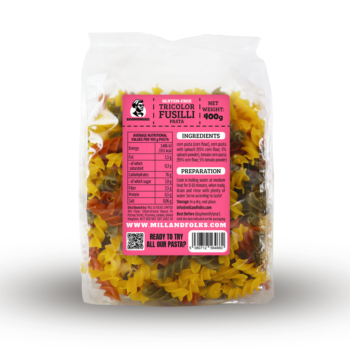 Economike Gluten-free corn pasta tricolor fusilli 400g