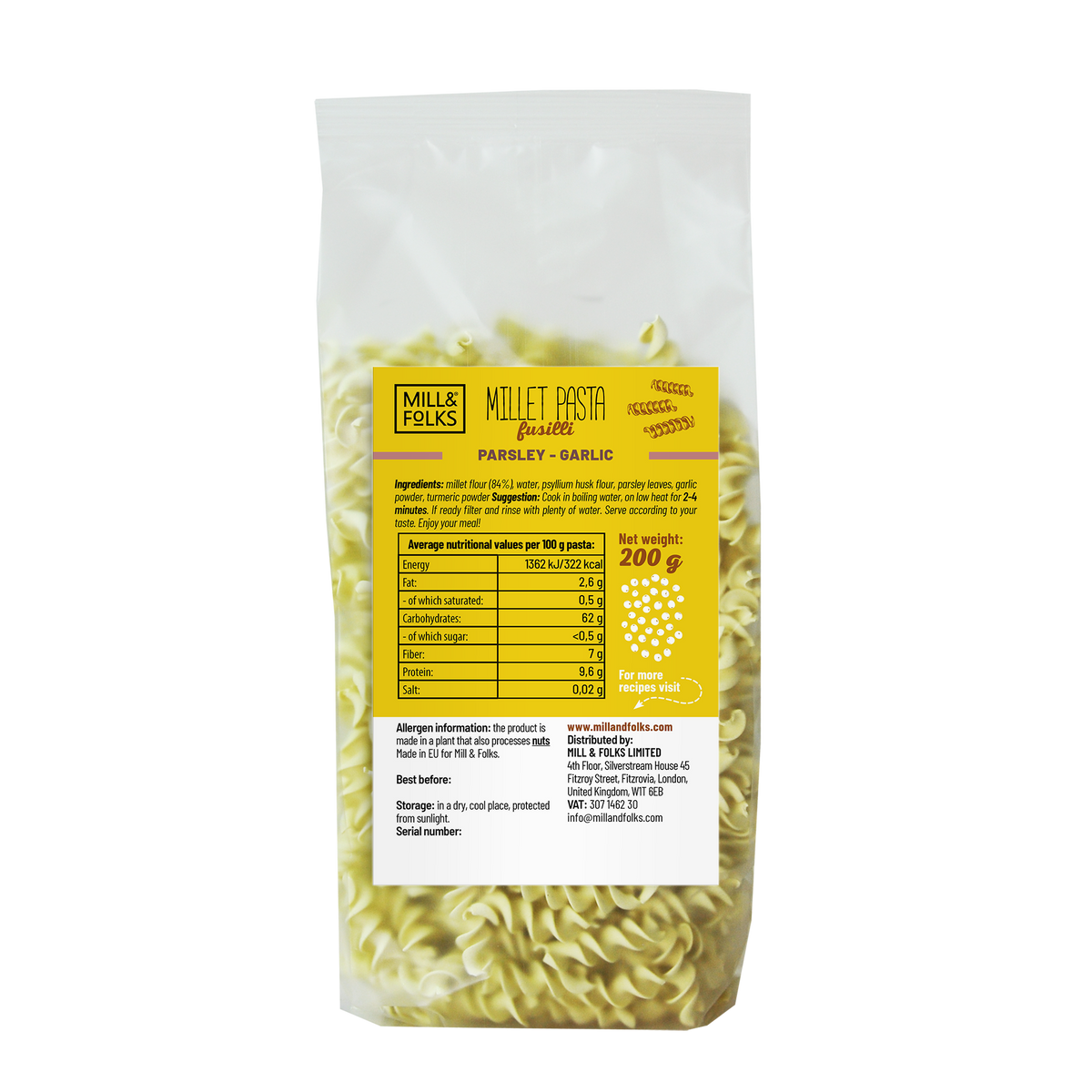 Millet pasta fusilli parsley-garlic