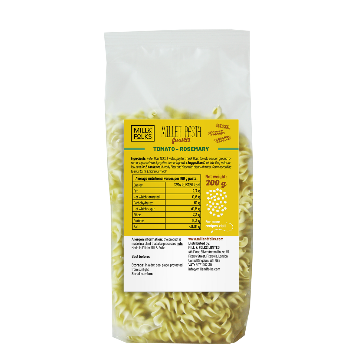 Millet pasta fusilli tomato-rosemary