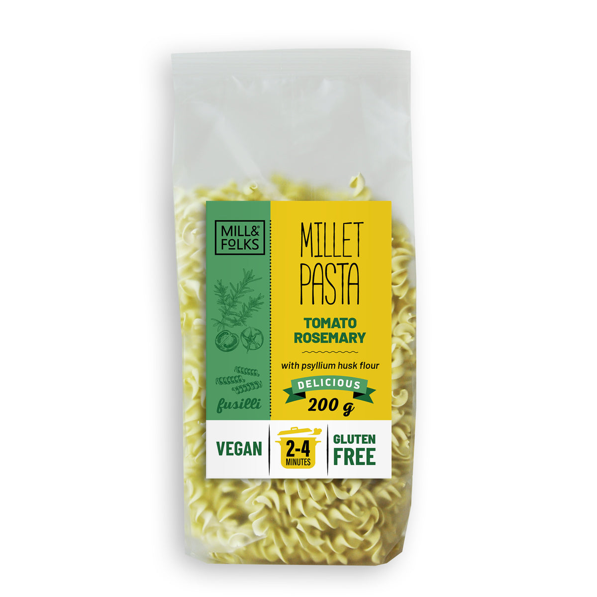 Millet pasta fusilli tomato-rosemary