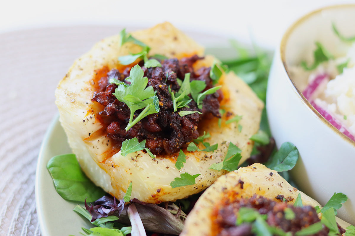 Stuffed celery root with salad