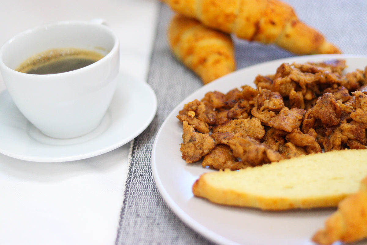 Scrambled eggs with yeast leavened crescent rolls
