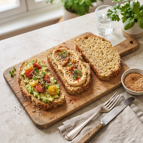 Slices of golden, seeded gluten-free low-carb bread on a wooden board