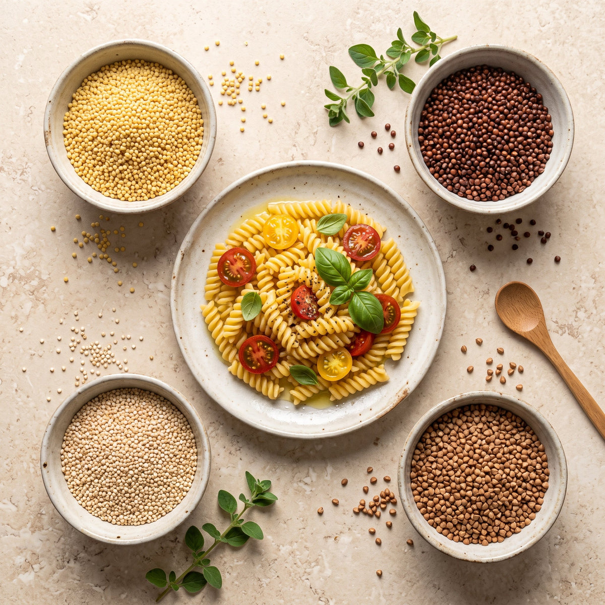 Bowls of millet, sorghum, buckwheat and quinoa around a plate of gluten-free fusilli