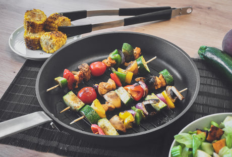 Peach sashlik with almond salad