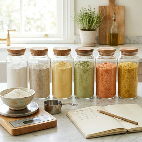 Glass jars of different gluten-free flours on a kitchen counter