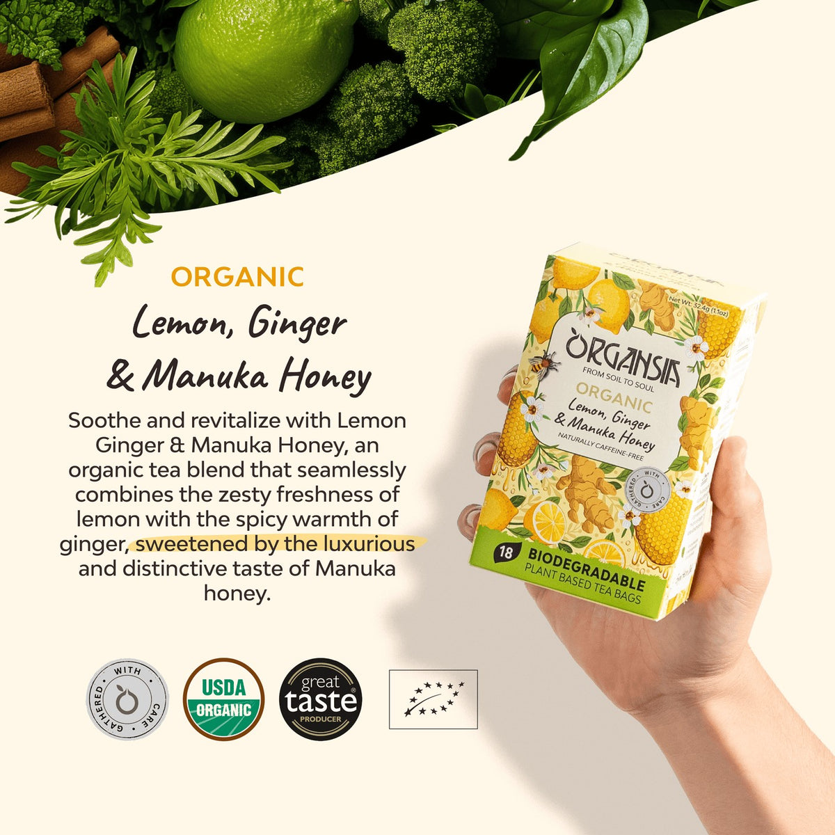 Organsia Lemon, Ginger & Manuka Honey Organic Tea 32g (18 bags)