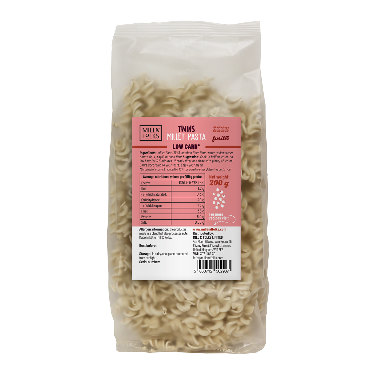 Twins Millet pasta low carb fusilli